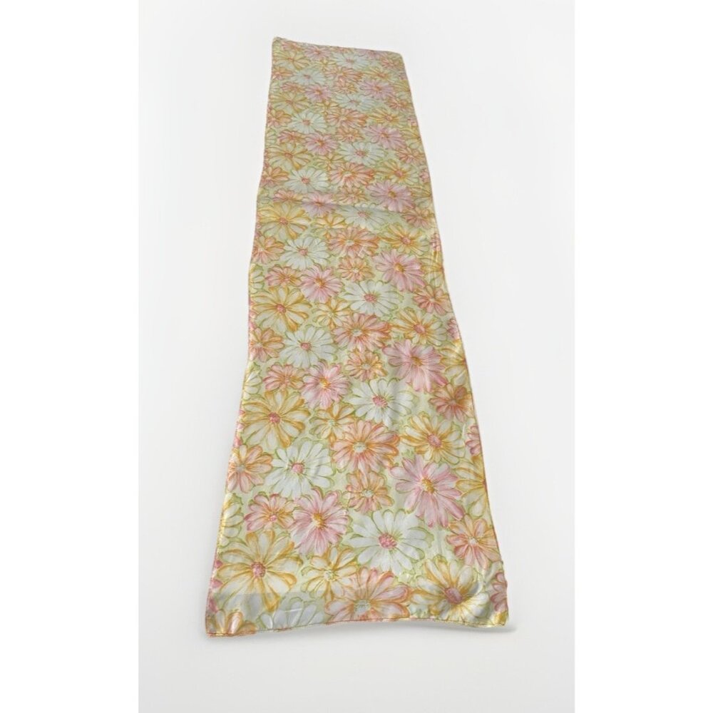 Vintage Floral Scarf Yellow Pink Daisy Sheer Mod Retro 60s 70s 13 x 53 Cottage - Picture 8 of 8